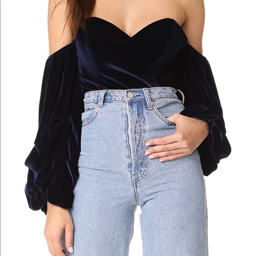 PETERSYN • Navy Blue Velour Celia Off the Shoulder Bodysuit
